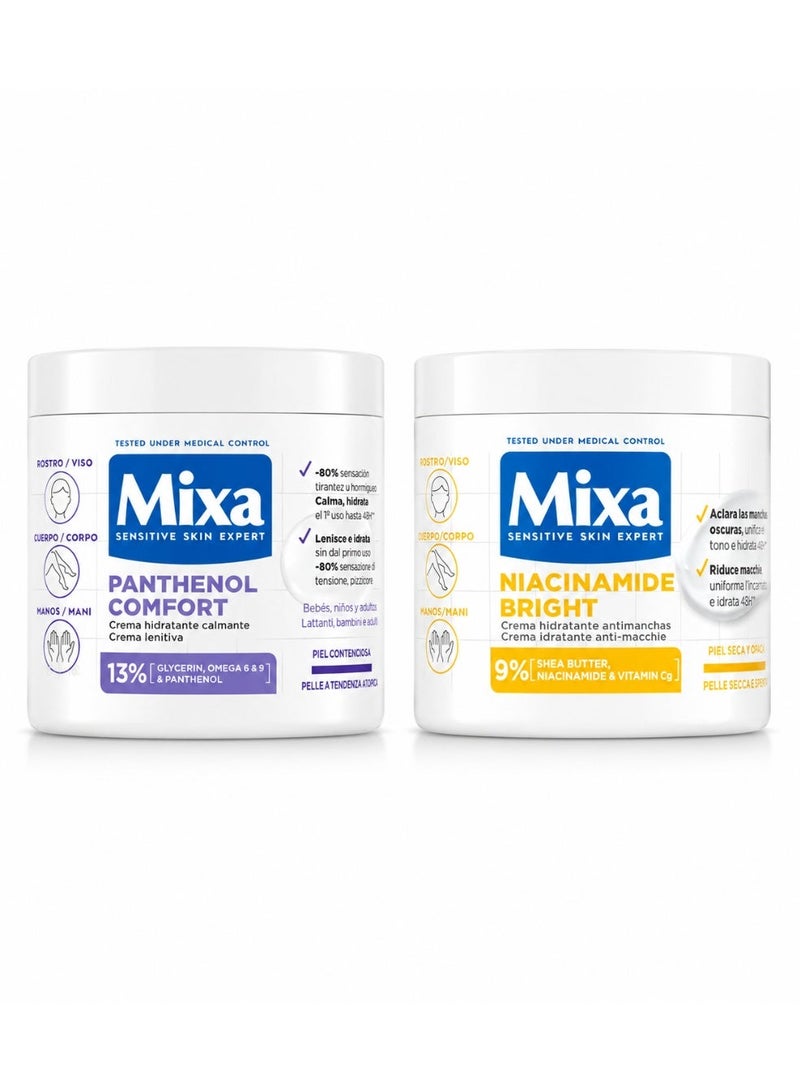 Mixa Niacinamide Bright - 9% Shea Butter, Niacinamide & Vitamin Cg  – 400ml & Mixa Panthenol Comfort, 13% Glycerin, Omega 6 & 9 & Panthenol - 400ml Bundle - Image 1