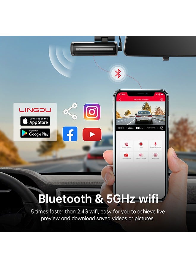 Dash Cam Bluetooth Car Dash Camera 5K Dash Cam Front and Rear Inside with GPS, 5G WiFi, APP and Voice Control, Loop Recording, G-Sensor, Parking Monitor