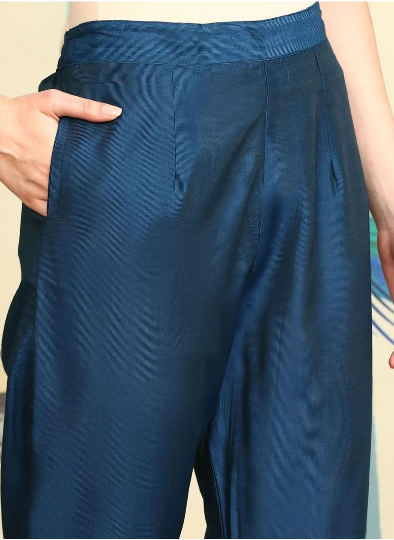 ISHIN Navy Kurta Set Straight Fit 3/4 Sleeve Sleeve made from TOP:- Poly Chinon, Bottom:- Heavy Chanderi featuring Self Design design and Round Neck neckline - Perfect for Ethinic!