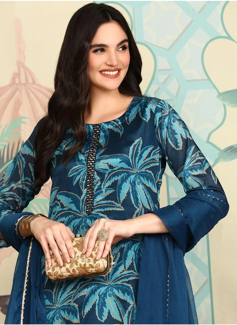 ISHIN Navy Kurta Set Straight Fit 3/4 Sleeve Sleeve made from TOP:- Poly Chinon, Bottom:- Heavy Chanderi featuring Self Design design and Round Neck neckline - Perfect for Ethinic!
