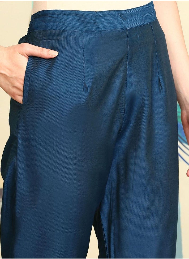 ISHIN Women's Navy Polyester Blend Self Design Full Length Palazzo Kurta Set  - Image 3