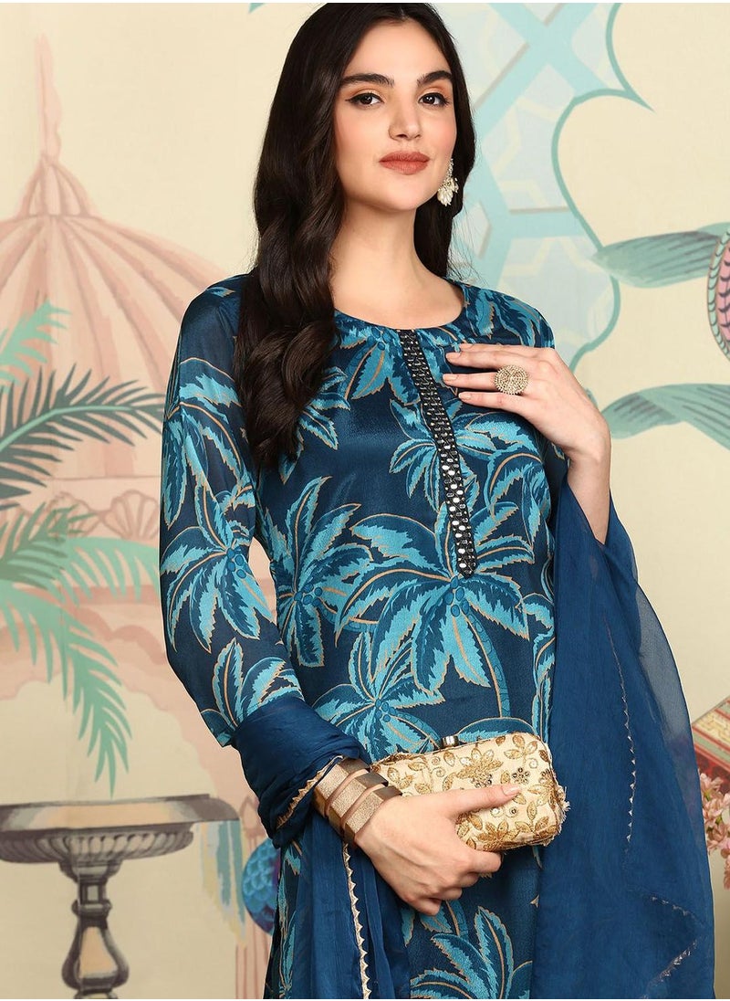 ISHIN Women's Navy Polyester Blend Self Design Full Length Palazzo Kurta Set  - Image 1