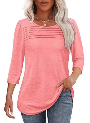 OFEEFAN Womens Tops Dressy Casual School Outfits for Teachers Spring Summer 3/4 Length Sleeve Plus Size Women Blouses Business Work Tshirts Shirts Beach Fashion Coral 2XL - Image 1