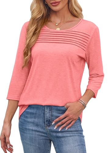 OFEEFAN Womens Tops Dressy Casual School Outfits for Teachers Spring Summer 3/4 Length Sleeve Plus Size Women Blouses Business Work Tshirts Shirts Beach Fashion Coral 2XL - Image 3