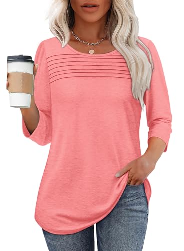 OFEEFAN Womens Tops Dressy Casual School Outfits for Teachers Spring Summer 3/4 Length Sleeve Plus Size Women Blouses Business Work Tshirts Shirts Beach Fashion Coral 2XL - Image 2