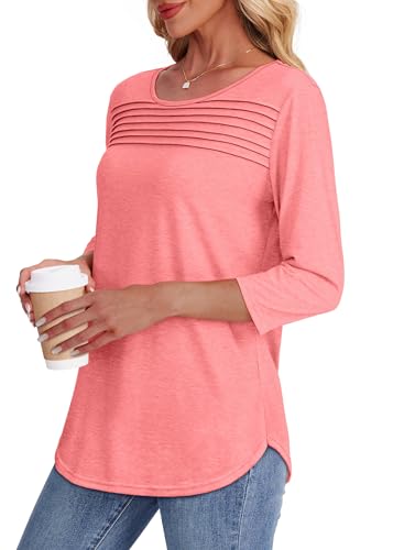 OFEEFAN Womens Tops Dressy Casual School Outfits for Teachers Spring Summer 3/4 Length Sleeve Plus Size Women Blouses Business Work Tshirts Shirts Beach Fashion Coral 2XL - Image 4