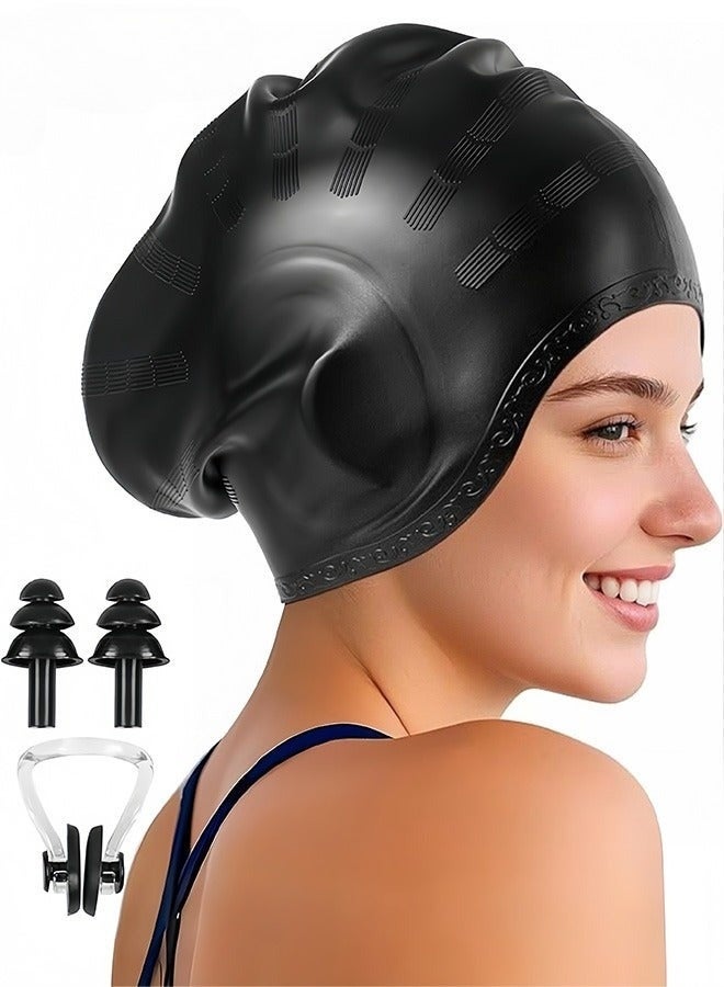 Yidong Enlarged Swim  Caps , Men Women Silicone Swimming Caps with 3D Ear Protection, Waterproof Large Swim Hats Bathing Capto Keep Hair Dry  with Ear Plugs Nose Clip - Image 1