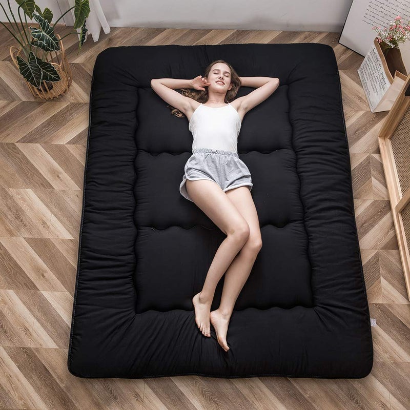 MAXYOYO Japanese Floor Mattress Futon Mattress, 4" Thicken Tatami Mat Sleeping Pad Foldable Roll Up Mat Boys Girls Dormitory Pad Kids Floor Lounger Pillow Bed, Black, Full - Image 1