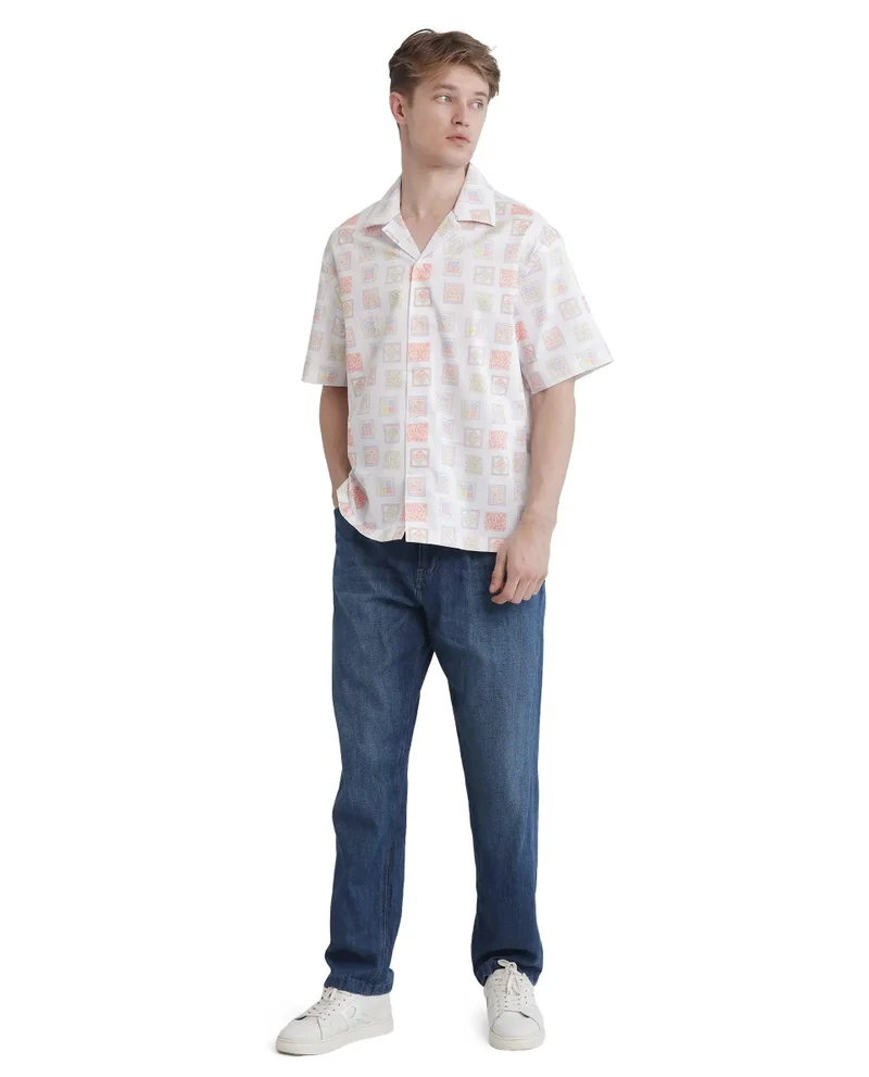Rare Rabbit Men's Cuban Collar Stamp Printed Shirt