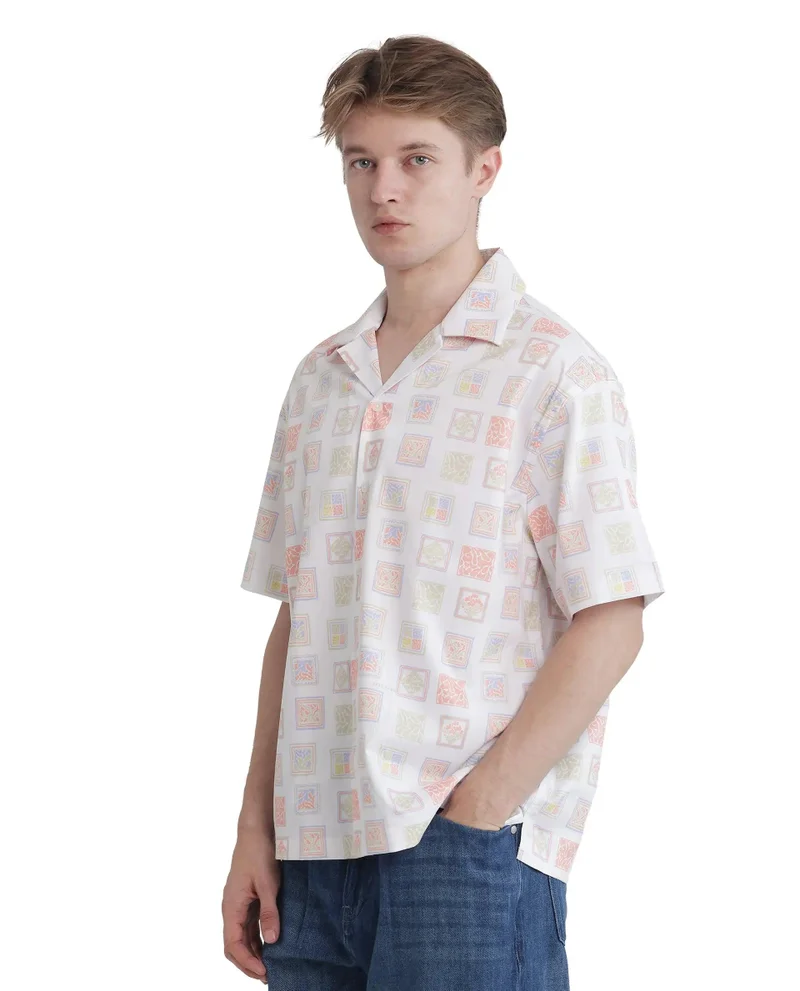 Rare Rabbit Men's Cuban Collar Stamp Printed Shirt