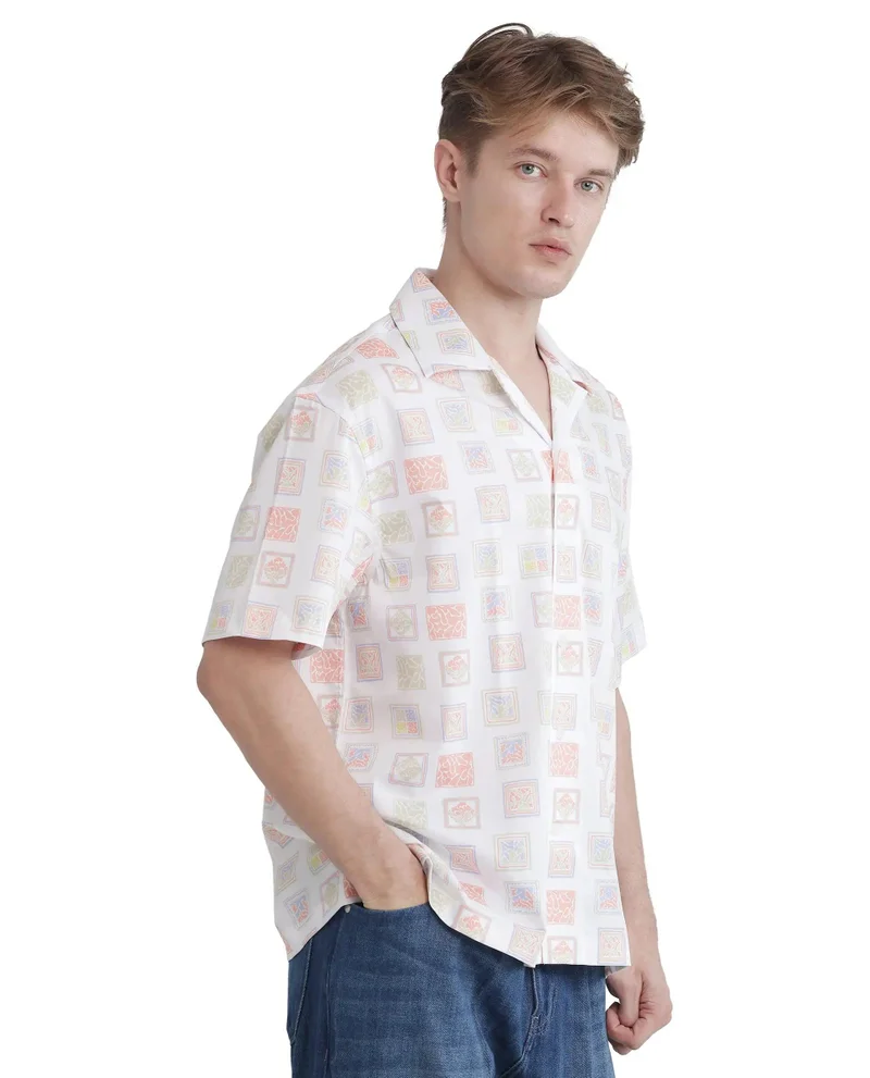 Rare Rabbit Men's Cuban Collar Stamp Printed Shirt