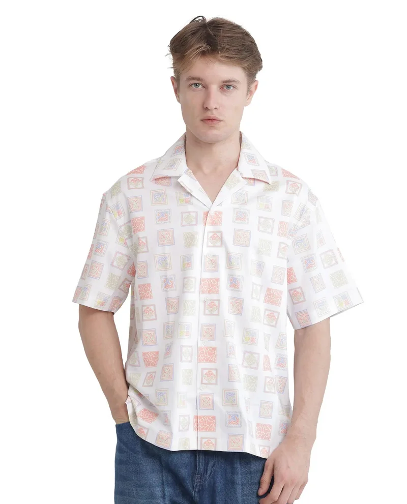 Rare Rabbit Men's Cuban Collar Stamp Printed Shirt