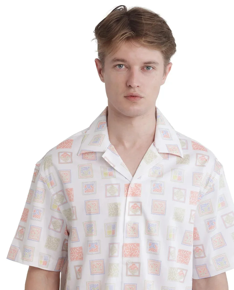 Rare Rabbit Men's Cuban Collar Stamp Printed Shirt