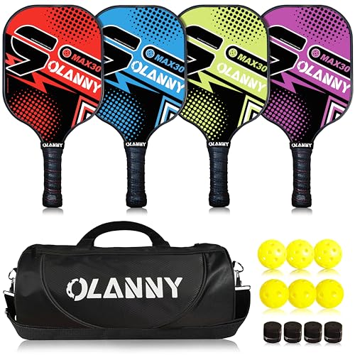مجموعة مضارب بيكلبول OLANNY من 4 مضارب بيكلبول مجموعة بيكلبول من الجرافيت نواة خلوية بوليمر خفيفة الوزن تتضمن 4 مضارب بيكلبول 4 كرات 1 حقيبة بيكلبول