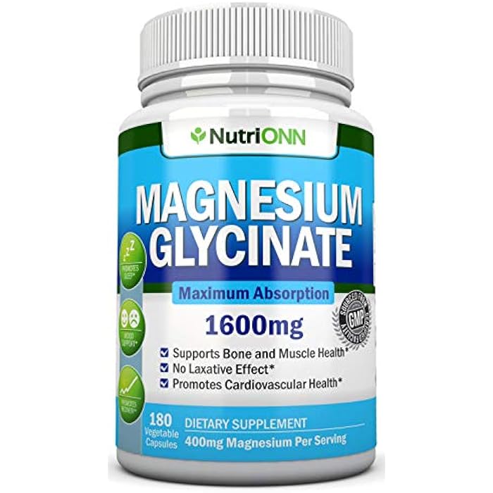 NutriONN Magnesium Glycinate - 1600 mg - 180 Vegan Capsules - Maximum Absorption - Chelate Vegan Supplement - High Bioavailability - Great for Heart Health and Muscle Cramps - Image 1