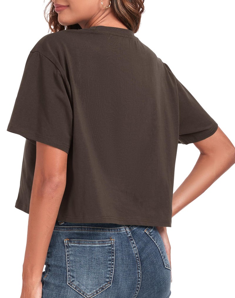 PRIMODA Women's Oversized Workout Cropped T Shirts Crew Neck Short Sleeve Casual Loose Summer Crop Tee Tops Cotton(Brown XL) - Image 3