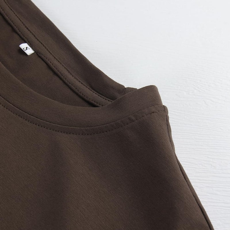 PRIMODA Women's Oversized Workout Cropped T Shirts Crew Neck Short Sleeve Casual Loose Summer Crop Tee Tops Cotton(Brown XL) - Image 4