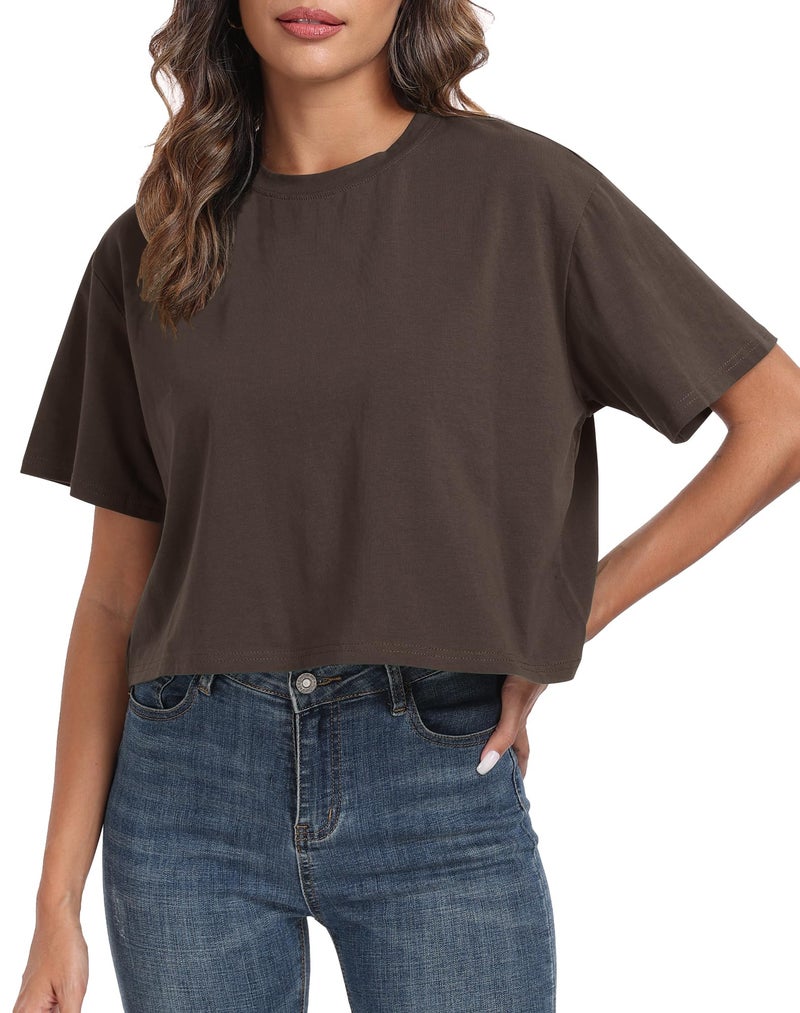 PRIMODA Women's Oversized Workout Cropped T Shirts Crew Neck Short Sleeve Casual Loose Summer Crop Tee Tops Cotton(Brown XL) - Image 1
