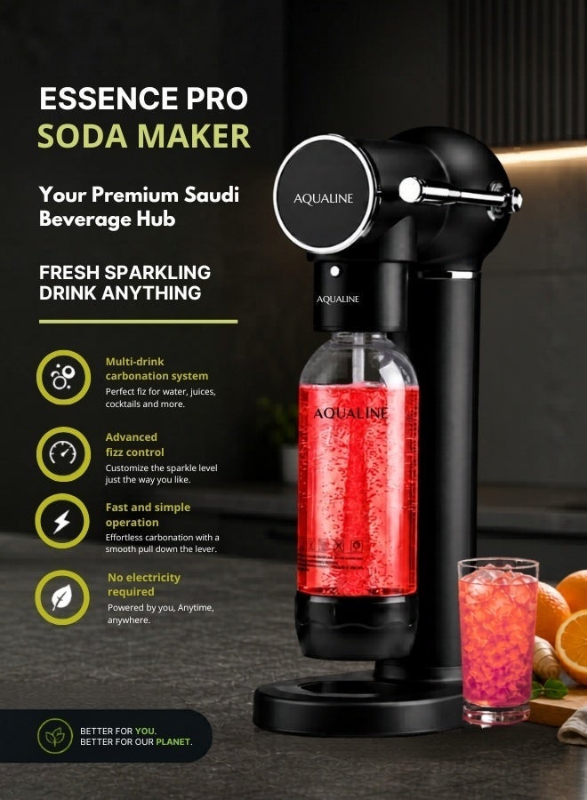 AQUALINE ESSENCE PRO Soda Maker | Sparkling Water Maker | Sparkle Any Drink | Premium Kit | Fizz Infuser Technology | 2× CO₂ Cylinders | Black - Image 2