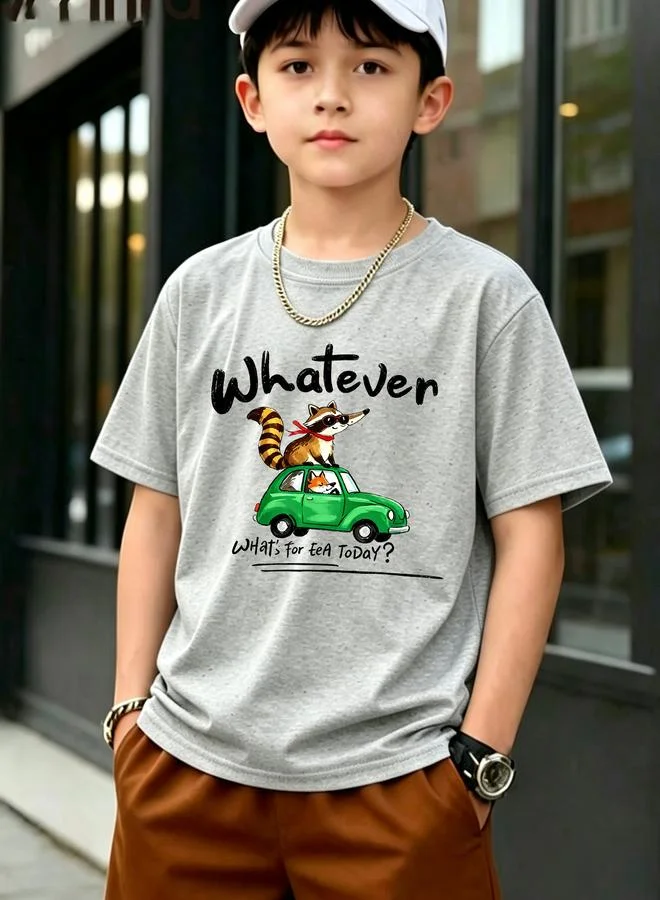 Take Two Boys Grey Cotton Graphic T-Shirt with Raccoon and Fox Car Print