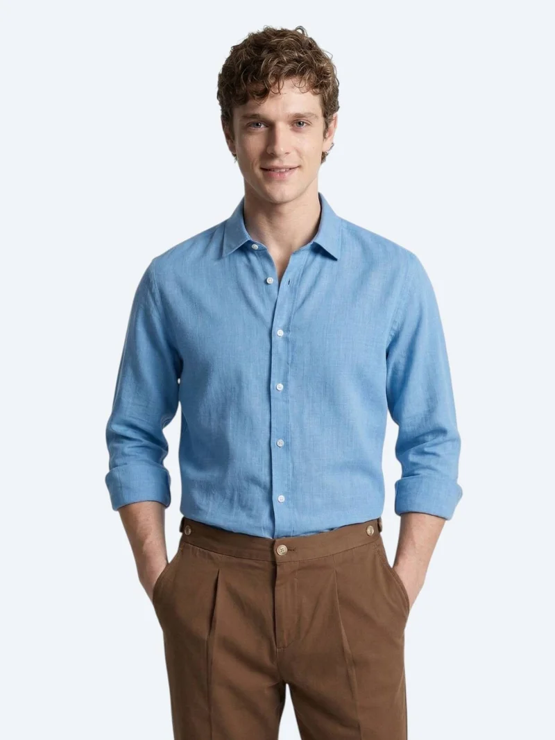 Kip Blue Plain Regular Fit Long Weaving Casual 100% Cotton Shirt