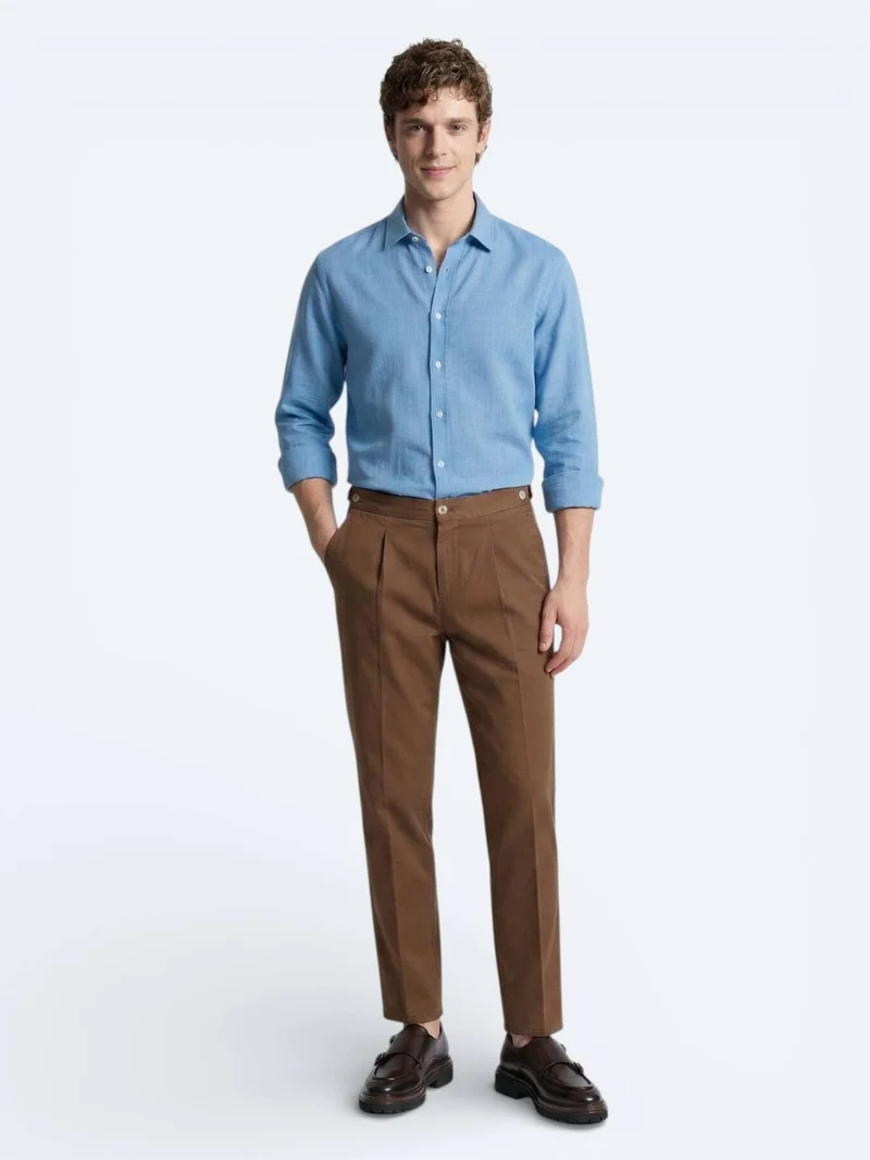 Kip Blue Plain Regular Fit Long Weaving Casual 100% Cotton Shirt