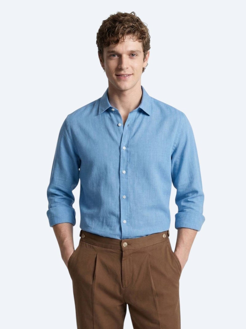 Kip Blue Plain Regular Fit Long Weaving Casual 100% Cotton Shirt - Image 2