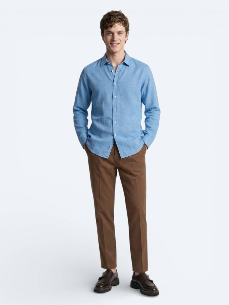 Kip Blue Plain Regular Fit Long Weaving Casual 100% Cotton Shirt - Image 4