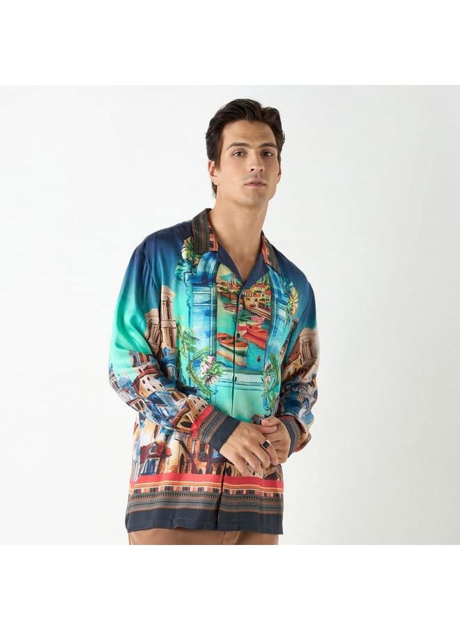 Iconic Iconic Regular Fit Printed Shirt with Camp Collar and Long Sleeves  - Image 1