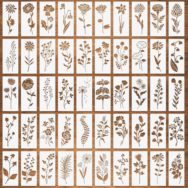 CODOHI 50 Pcs Wildflower,Small Flower Leaf Stencils For Painting On Wood,Daisy Rose Dandelion Tropical Leaf Botanical Templates,Reusable Plant Template For DIY Fabric Paper Card Drawing-3 X 6\ - Image 1