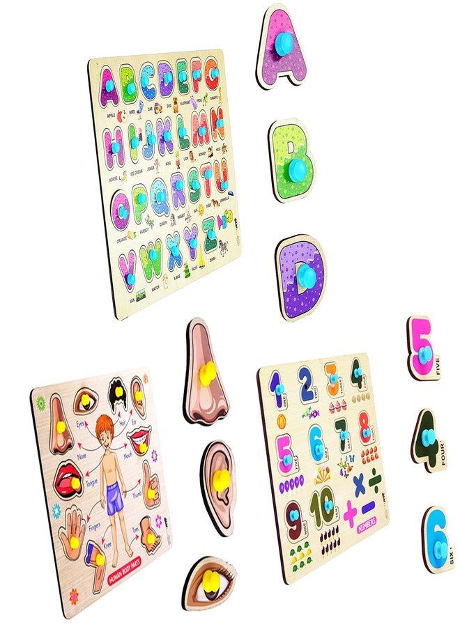 APPSTER Wooden Puzzle Set for Kids | 3-in-1 Colorful Jigsaw Puzzles ABCD, Numbers & Body Parts | Educational Learning Toys for Toddlers Boys Girls (3+ Years) - Image 1