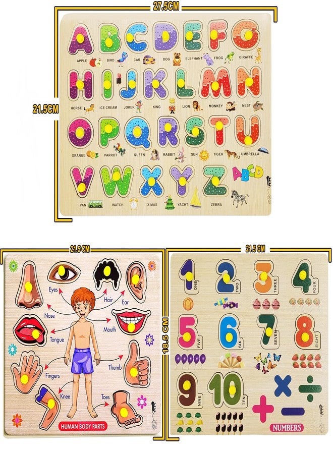 APPSTER Wooden Puzzle Set for Kids | 3-in-1 Colorful Jigsaw Puzzles ABCD, Numbers & Body Parts | Educational Learning Toys for Toddlers Boys Girls (3+ Years) - Image 2