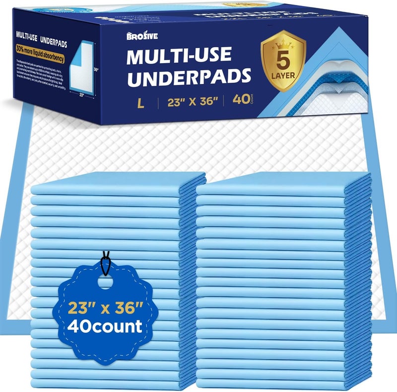 Brosive وسادات سرير قابلة للتصرف لسلس البول 23" × 36" - 40 قطعة، وسادات شكس كبيرة قابلة للتصرف للبالغين والأطفال وكبار السن والحيوانات الأليفة، وسادات تحتية عالية الامتصاص ومقاومة للماء للمراتب والأثاث - Image 1