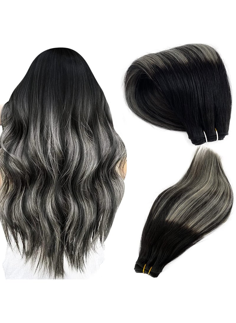 Smartinnov - Hand Tied Weft Hair Extensions Human Hair Bundles 18Inch Remy Hair Highlight Sew in Extensions 1B Black to Silver Ombre Highlight Remy Hair Bundles Silky Straight Double Weft Sew in Weft 100Gram - Image 1