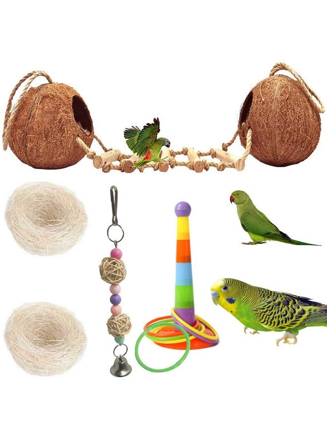 Kathson kathson 5PCS Bird Hides Coconut Nest with Ladder Perches Hanging Parrot House Cage Natural Coconut Fiber Parakeet Chewing Toys Intelligence Training Rings for Small Budgies Cockatiels  - Image 1