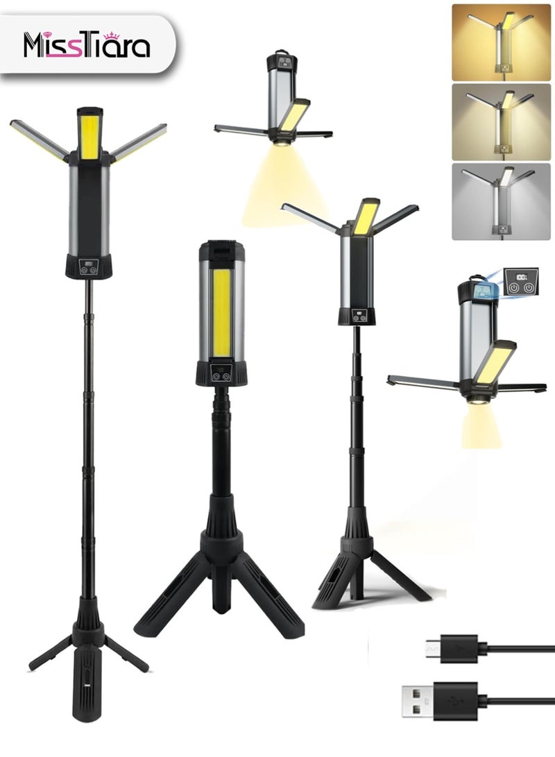 MissTiara Rechargeable LED Work Light with Stand, Camping Lights Outdoor, Portable Cordless Work Light 3-head, 500/1500/2500 Lumen, Camping Light with Detachable Tripod - Image 1