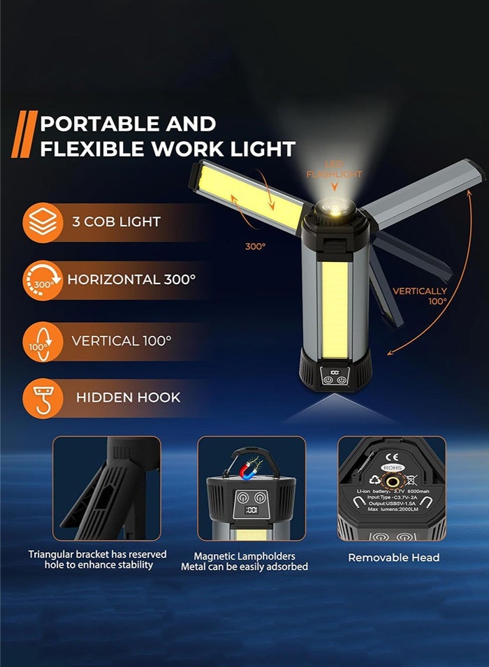 MissTiara Rechargeable LED Work Light with Stand, Camping Lights Outdoor, Portable Cordless Work Light 3-head, 500/1500/2500 Lumen, Camping Light with Detachable Tripod - Image 4