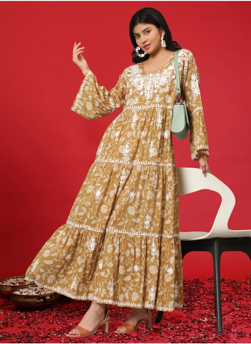 Alaya Hand Embroidered Chikankari A-Line Gathering Pattern Mulmul Cotton Jalabiya-AL3673