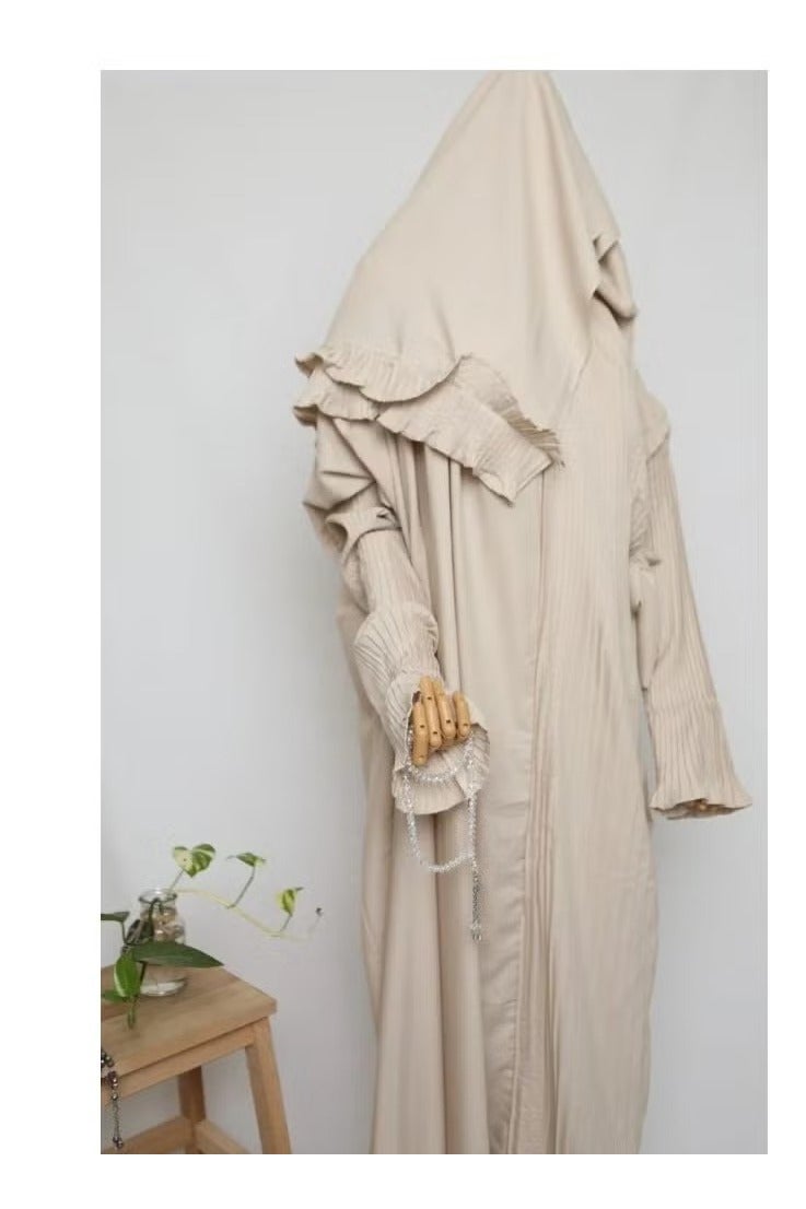 A very soft and comfortable one-piece prayer shawl that includes a scarf and covers the entire body in a one-size-fits-all, wide-fitting size.