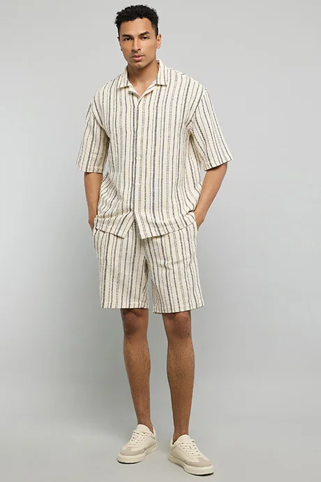 أر أند بي Striped Shirt with Reverse Collar and Short Sleeves