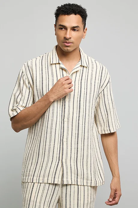أر أند بي Striped Shirt with Reverse Collar and Short Sleeves