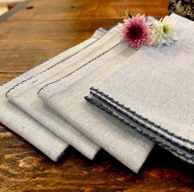 SET OF 6 BLUE COTTON NAPKINS SUSTAINABLE AND RECYCLED HIGHLY ABSORBENT WITH UNIQUE EDGE TRIM RUSTIC FEEL SOFT FABRIC LARGE SIZE MACHINE WASHABLE