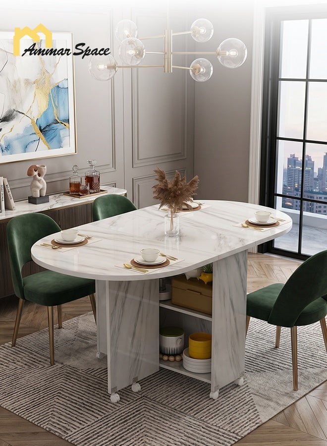 Ammar Space Folding Dining Table with Storage & Wheels, Extendable Marble Effect Kitchen Table, Space Saving Drop Leaf Dining Table for Small Apartment, Wood & Metal Frame, 120x60x77 cm - Image 2