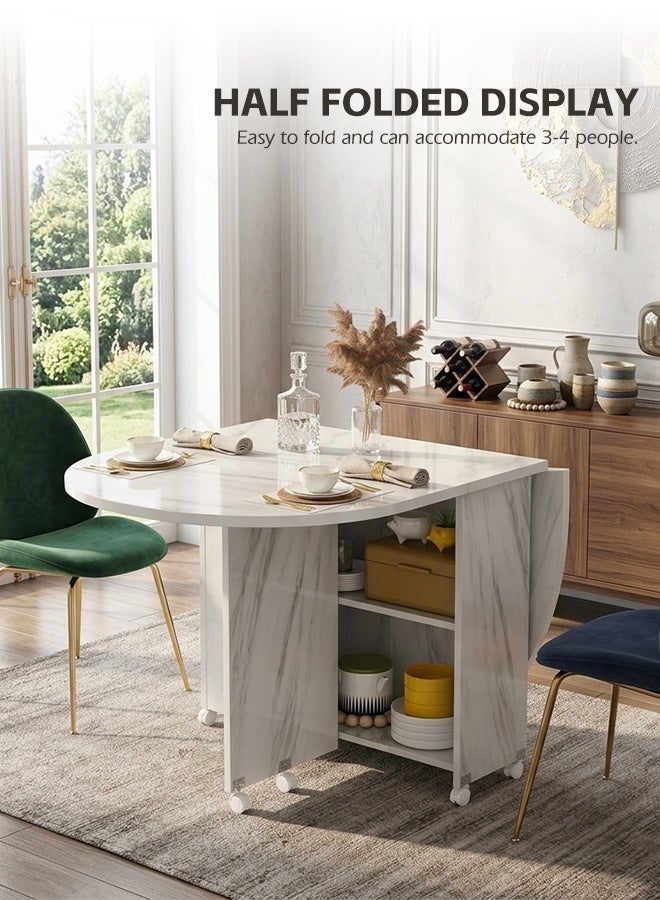 Ammar Space Folding Dining Table with Storage & Wheels, Extendable Marble Effect Kitchen Table, Space Saving Drop Leaf Dining Table for Small Apartment, Wood & Metal Frame, 120x60x77 cm - Image 4