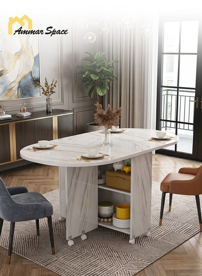 Ammar Space Folding Dining Table with Storage & Wheels, Extendable Marble Effect Kitchen Table, Space Saving Drop Leaf Dining Table for Small Apartment, Wood & Metal Frame, 120x60x77 cm - Image 1