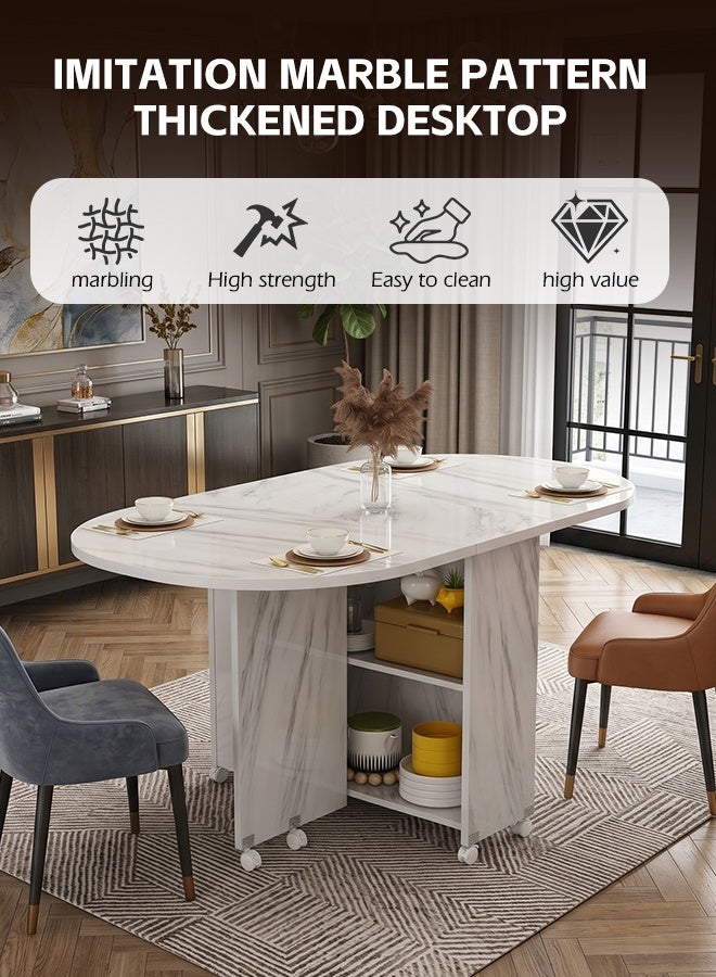 Ammar Space Folding Dining Table with Storage & Wheels, Extendable Marble Effect Kitchen Table, Space Saving Drop Leaf Dining Table for Small Apartment, Wood & Metal Frame, 120x60x77 cm - Image 5
