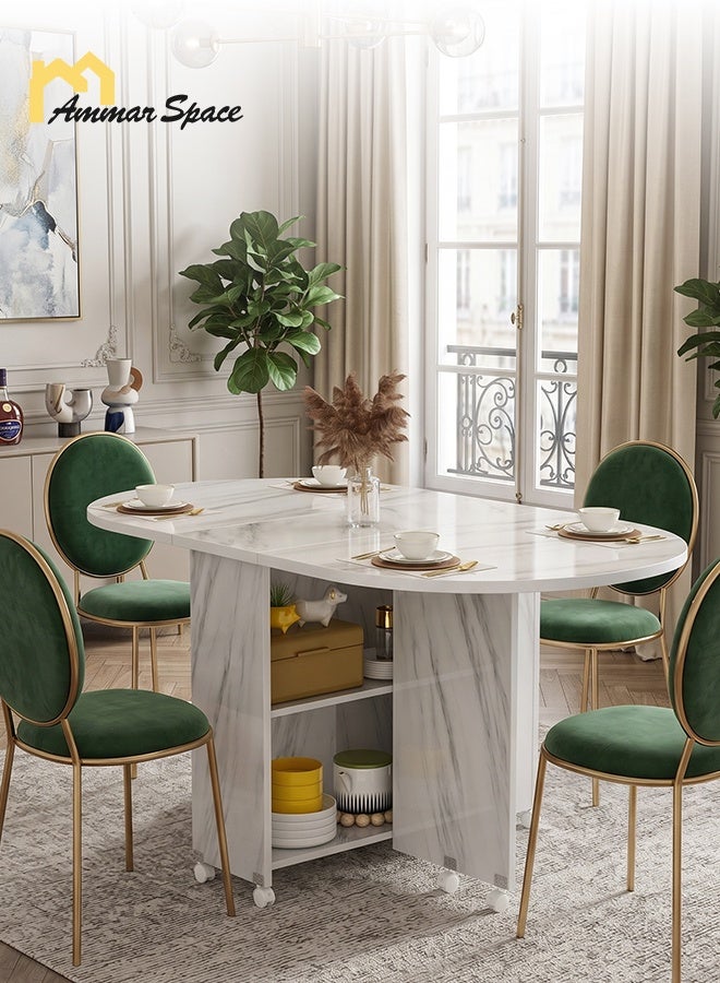 Ammar Space Folding Dining Table with Storage & Wheels, Extendable Marble Effect Kitchen Table, Space Saving Drop Leaf Dining Table for Small Apartment, Wood & Metal Frame, 120x60x77 cm - Image 3
