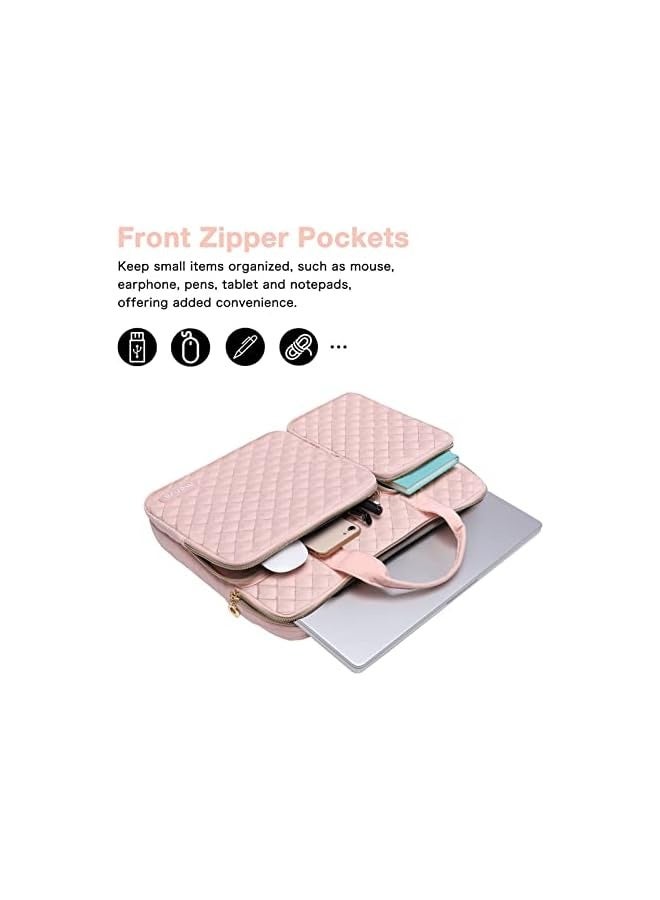 Mosiso 360 Protective Laptop Sleeve Compatible with MacBook Air/Pro,13-13.3 inch Notebook,Compatible with MacBook Pro 14 M3 M2 M1 2024-2021, Square Quilted Bag with 2 Pockets&Handle&Belt, Chalk Pink  - Image 2