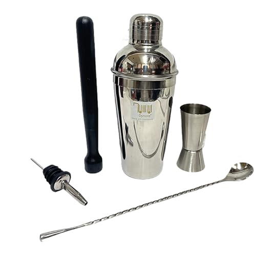 Dynore Stainless Steel 5 Pcs Professional Bar Set- Cocktail Shaker, Tall Peg Measure, Teardrop Bar Spoon, Wine Pourer, PVC Muddler Black - Image 1