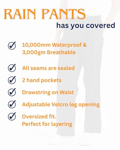 Acme Projects Men's Waterproof Rain Pants, Lightweight Breathable Over Pants, 10,000mm Seam-Sealed Rain Gear for Hiking, Golf, Fishing, Cycling, Black - Image 3